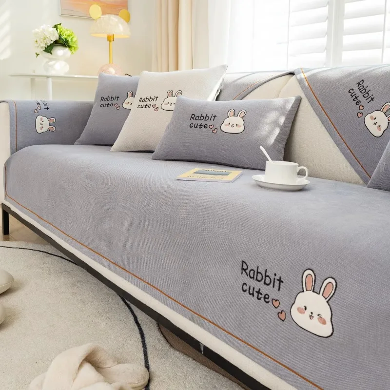 

Four Seasons Sofa Cover Combination Corner Couch Towel Embroidered Rabbits Sofa Mat Pet Sofa Cushion Slipcover for Living Room