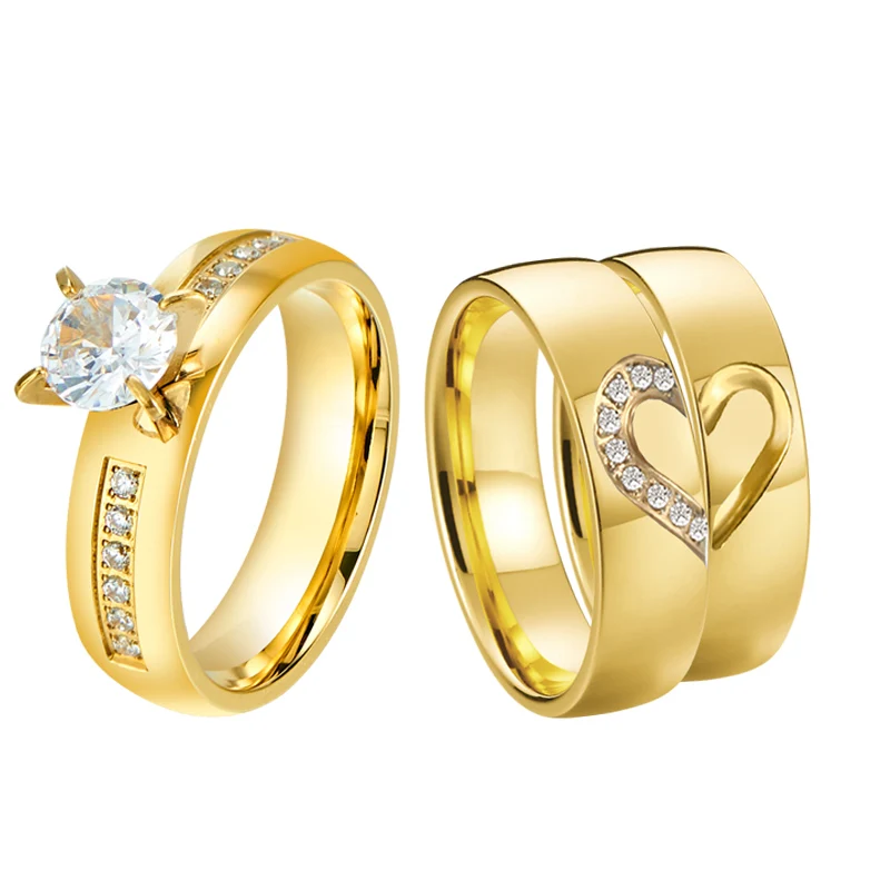 Western Designer Heart CZ diamond Wedding Engagement Rings 3pcs Sets for  Couples Lovers African dubai 24k gold plated jewelry