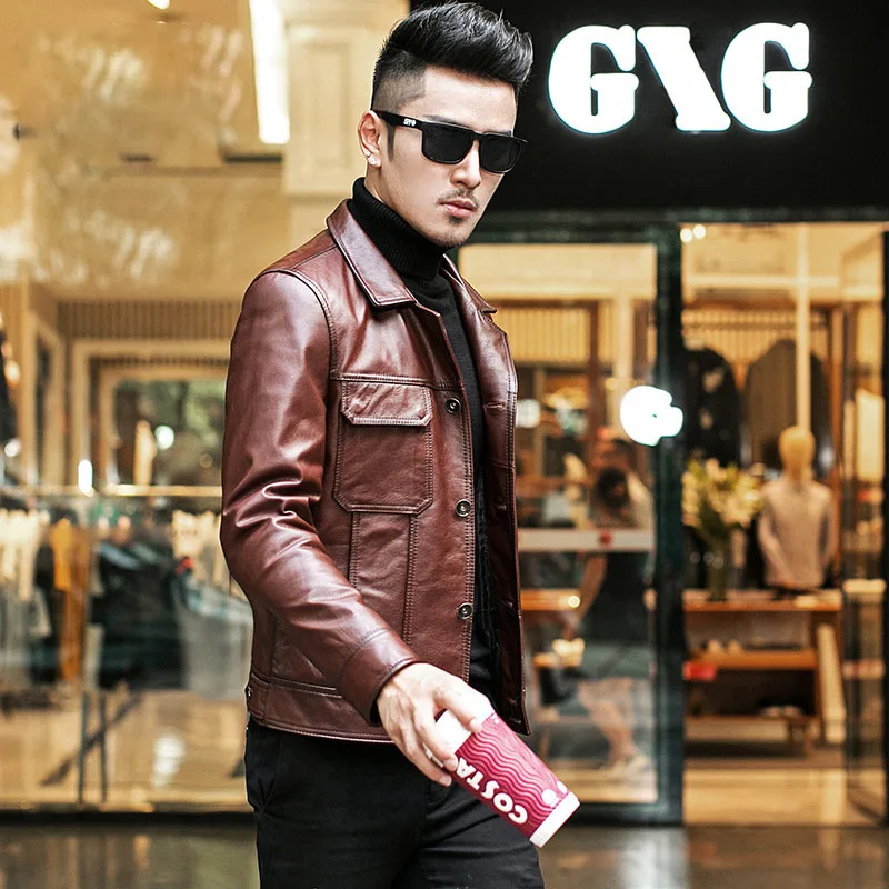 

Осенняя куртка Haining из натуральной кожи мужская верхняя облегающая куртка из воловьей кожи Корейская версия красивая мотоциклетная кожаная куртка Молодежная j