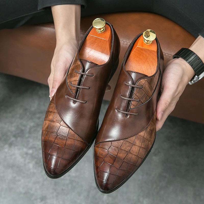Mens Leather Dress Shoes New Brown Derby Shoes for Men Pointed Toe Lace-up Black Men's Formal Shoes Handmade Business Size 38-46