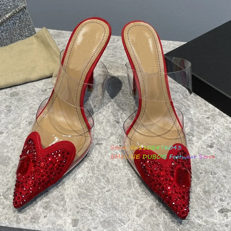 

Red Velvet Crystal Heart Shaped Transparent Slippers Women Sexy Pointed Toe Thin High Heel Elegent Female Wedding Dress Sandals