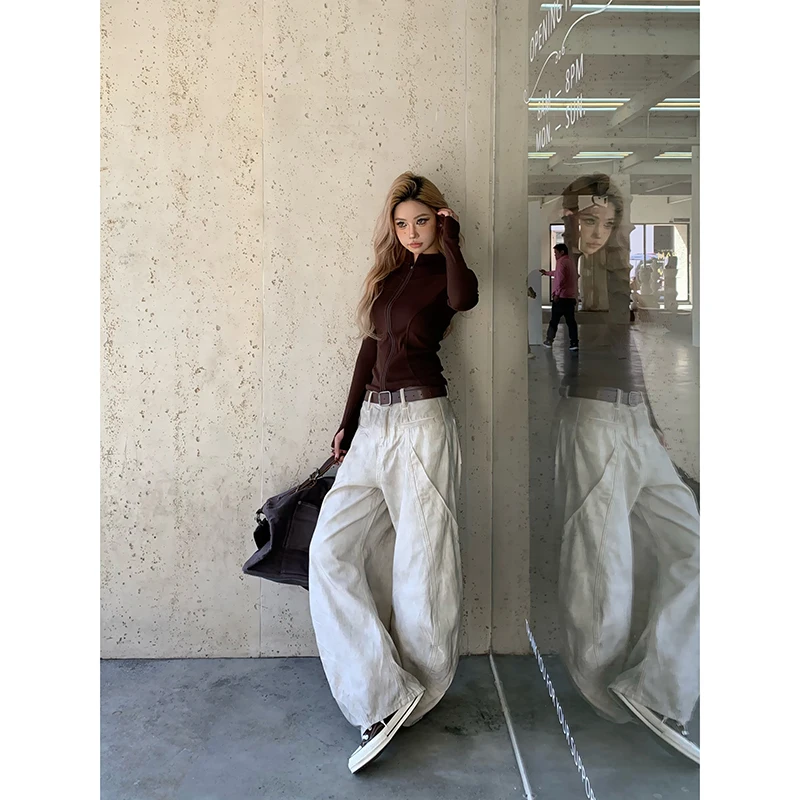 American Retro 2000s High Waist Full Length Jeans Pockets Hip-hop Baggy Cargo Pants Women Casual Y2K Grunge Street Denim Trouser 6