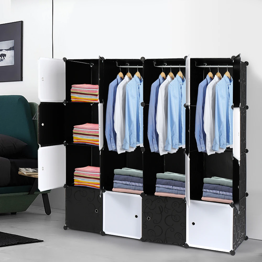 16 Cube Organizer Stackable Plastic Cube Storage Shelves Design Multifunctional Modular Closet Cabinet with Hanging Rod Black an 3