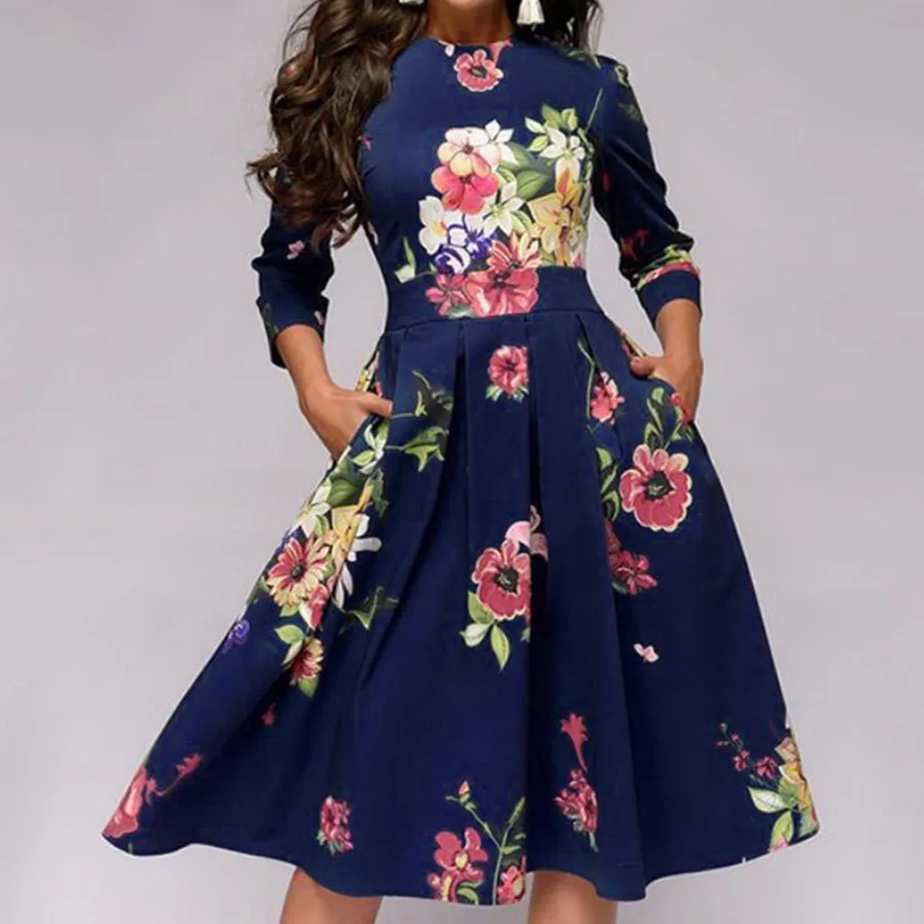 

Women Elegent Dress Spring Summer O Neck Three Quarter Sleeve Floral Print Casual Dress Loose Swing Party Dresses Vestidos