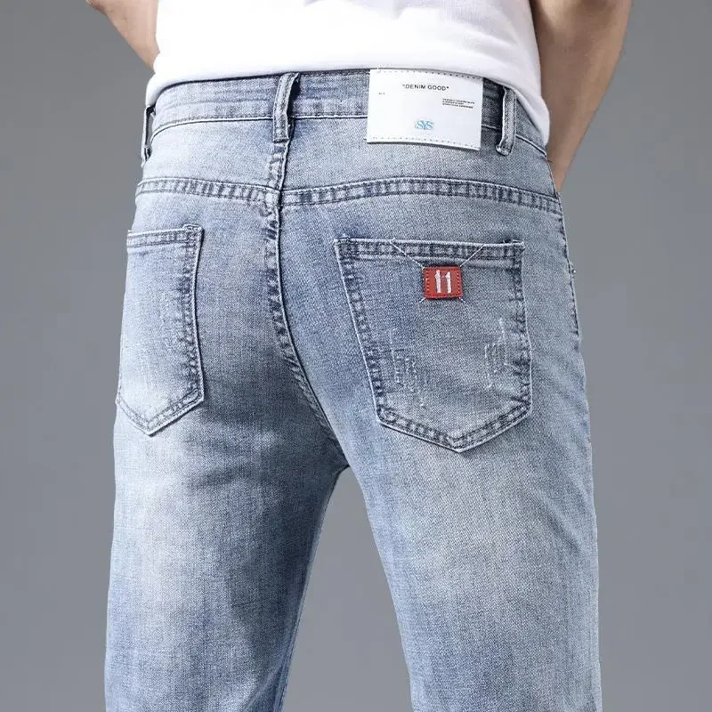 Men Summer Thin Light Weight Wide-Leg Straight Jeans Business Casual Flare Pants Black Blue