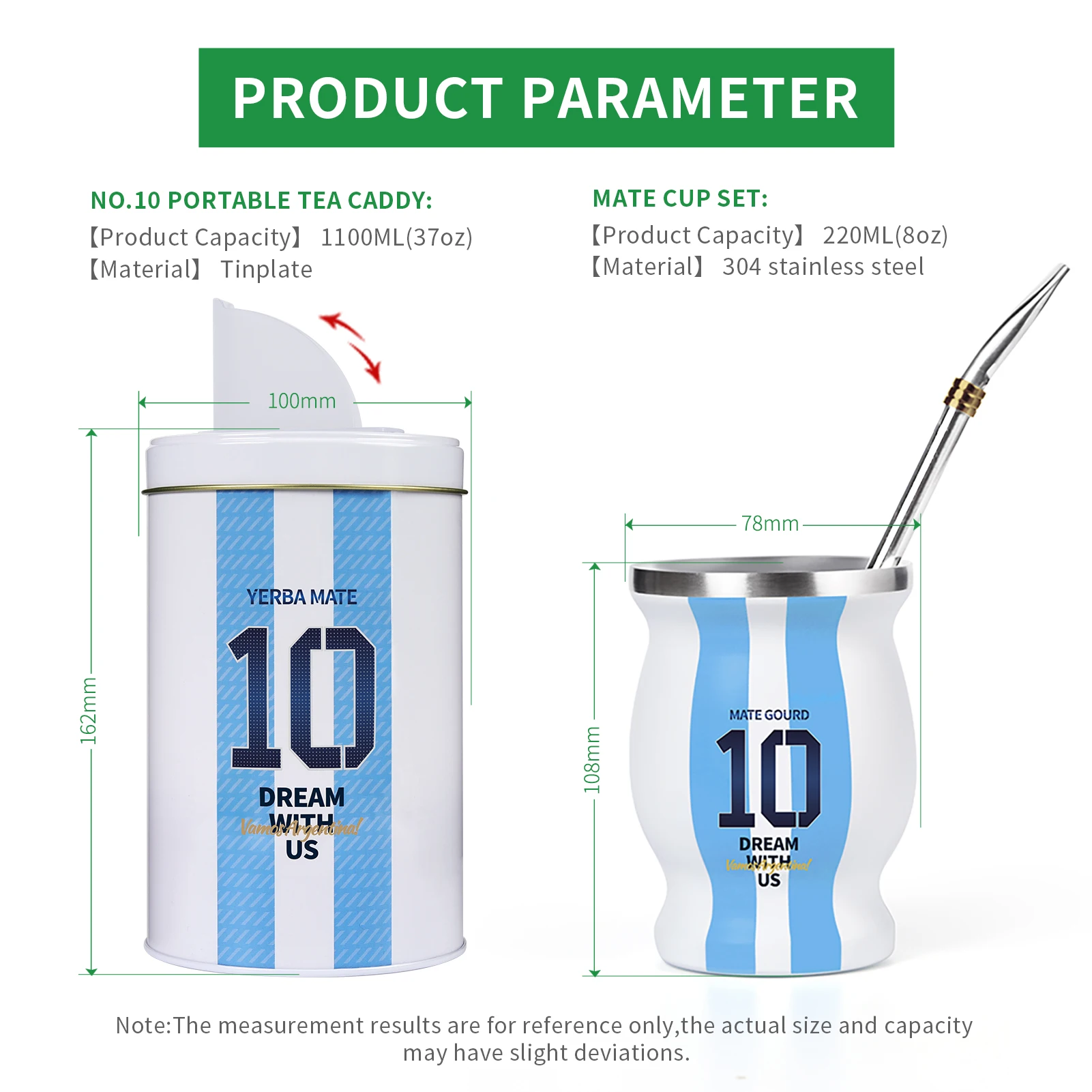 Yerba Mate Cup Set Included Argentina Football Captain No.10 Style Yerbero Stainless Steel Mate Gourd and Bombilla Straw