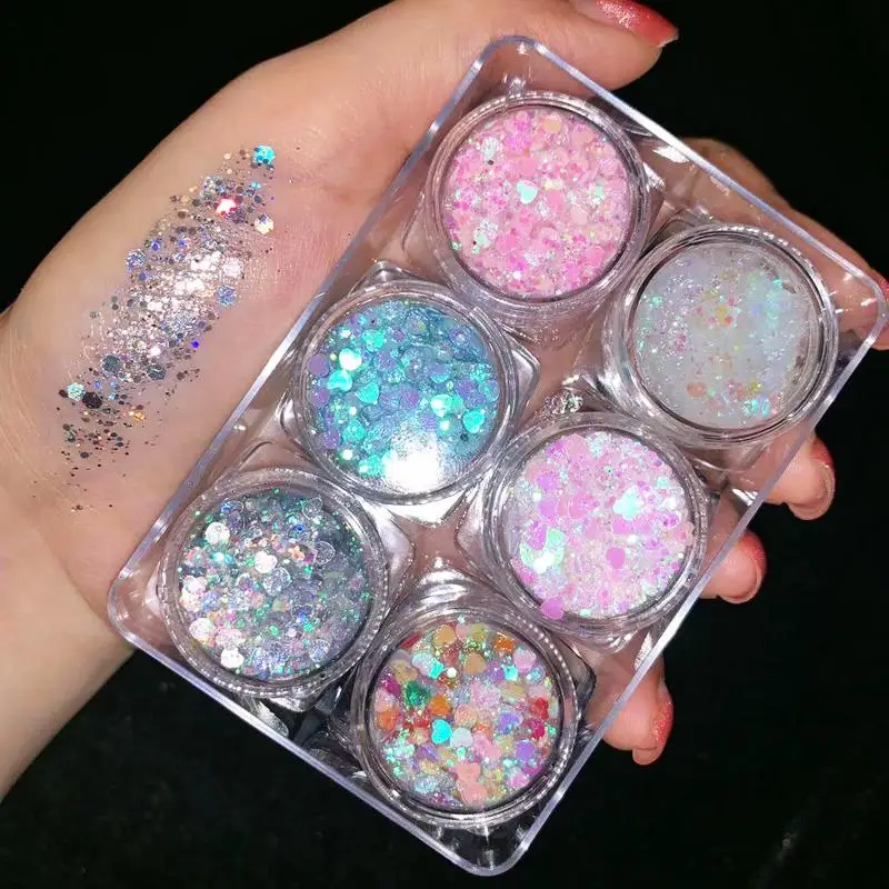 6jars/set Face/Eye Glitter Gel for Kids Sparkling Sequins Cream for Eyeshadow Face Hair Body Halloween Party Eye Decorations 2