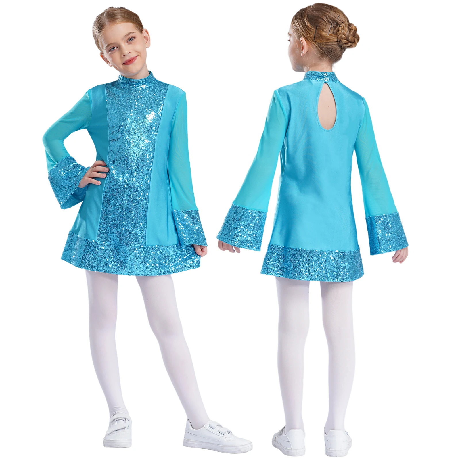 thumbnail image 1 of Vestidos de baile de Jazz para niñas, lentejuelas brillantes, gimnasia, Ballet, cuello falso, manga acampanada, vestido con abertura en la espalda, disfraz de Fiesta Disco, 1 of 5