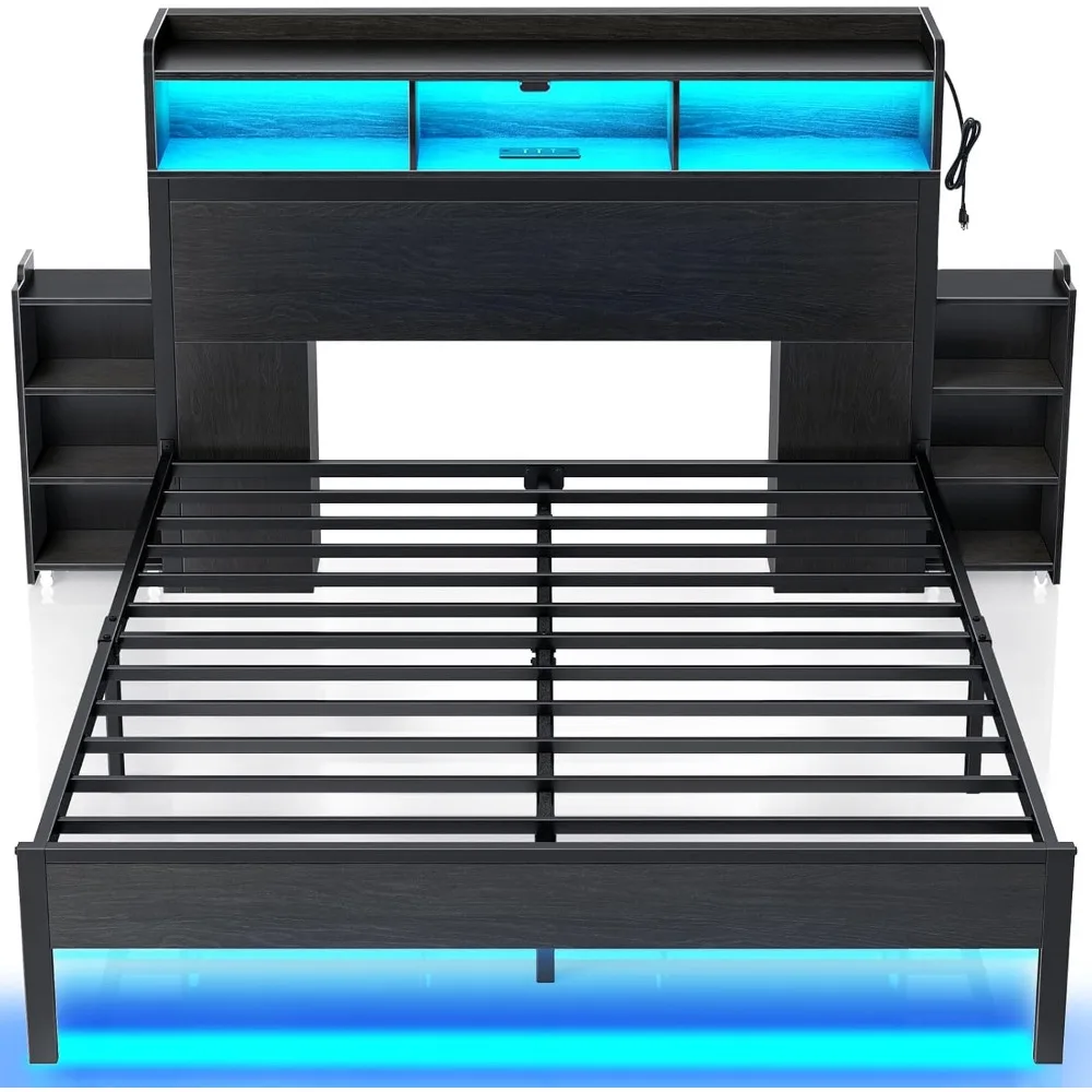 Bed Frame Full Size with Storage Headboard, Slide Out Bedside Storage, Beds with Charging Station & LED Lights, Full Bed Frame 2
