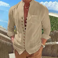 2025 Hommes nouveau coton et lin poche rétro col montant chemise à manches longues décontracté multi-boutons couleur unie rayé cardigan 4