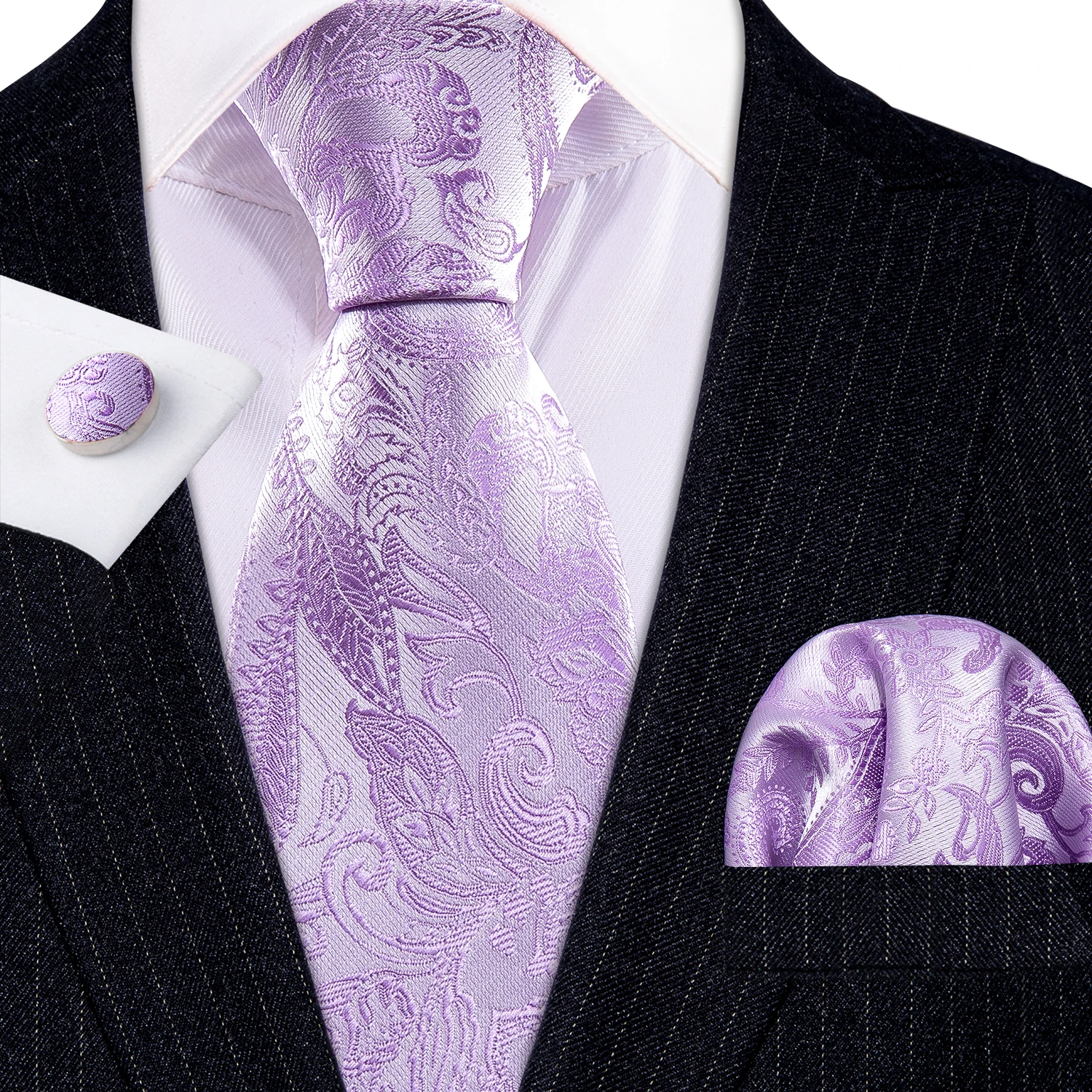 Silk Men Tie Set Purple Violet Solid Paisley Striped Wedding Business Tie For Man Necktie Handky Cufflinks