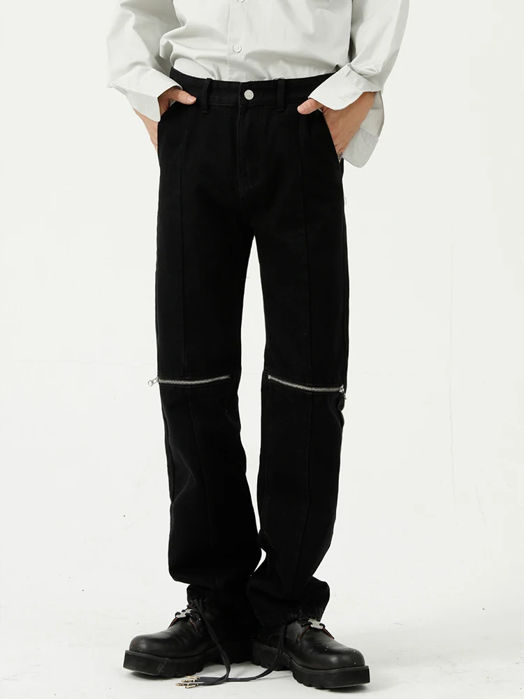 

Men's Black Distressed Slim Fit Zipper Jeans with High Street Style, Ins Fashion Straight Leg Pants Ripped Jeans Men Clothing