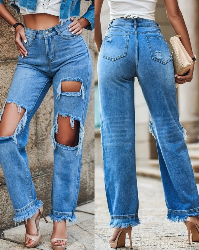 

Woman Trousers Fashion Ripped Cutout Fringe Hem Pocket Design Inelastic Jeans Women's Casual Straight Denim Pants