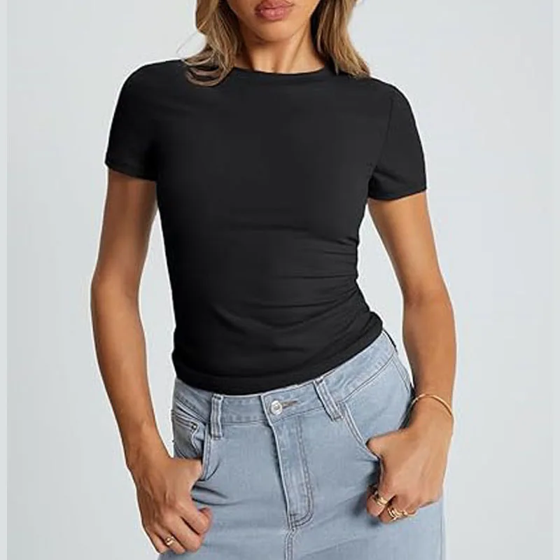 2025, neue frauen Slim Fit T-Shirt Sommer Sexy Kurzarm Rundhals Tops Koreanische Mode Basic Tee Casual Engen T-shirt – Detail 14