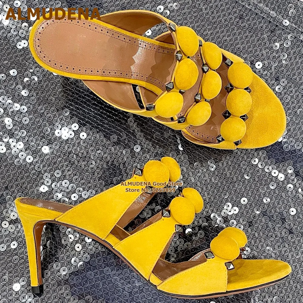 

ALMUDENA Yellow Suede Studded High Heel Slippers Round Button Metallic Rivets Caged Sandals Slip-on Spikes Dress Shoes