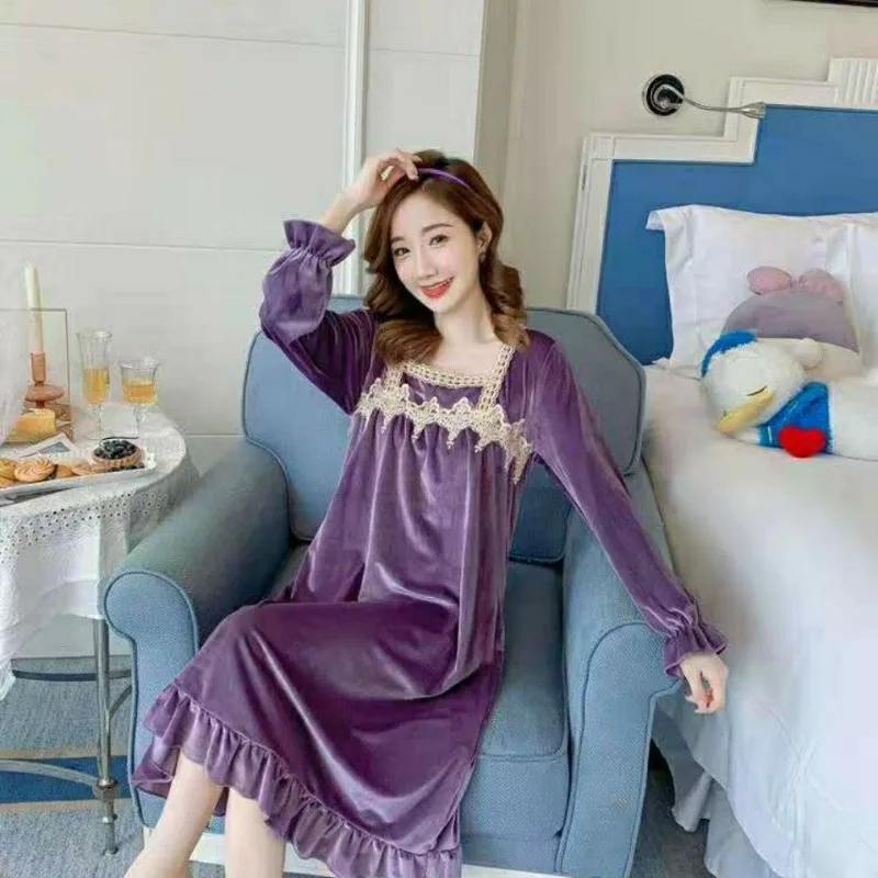 Pajamas female Long sleeve Spring and Autumn Cute online celebrity. Canary velvet loose loungewear palace style nightdress