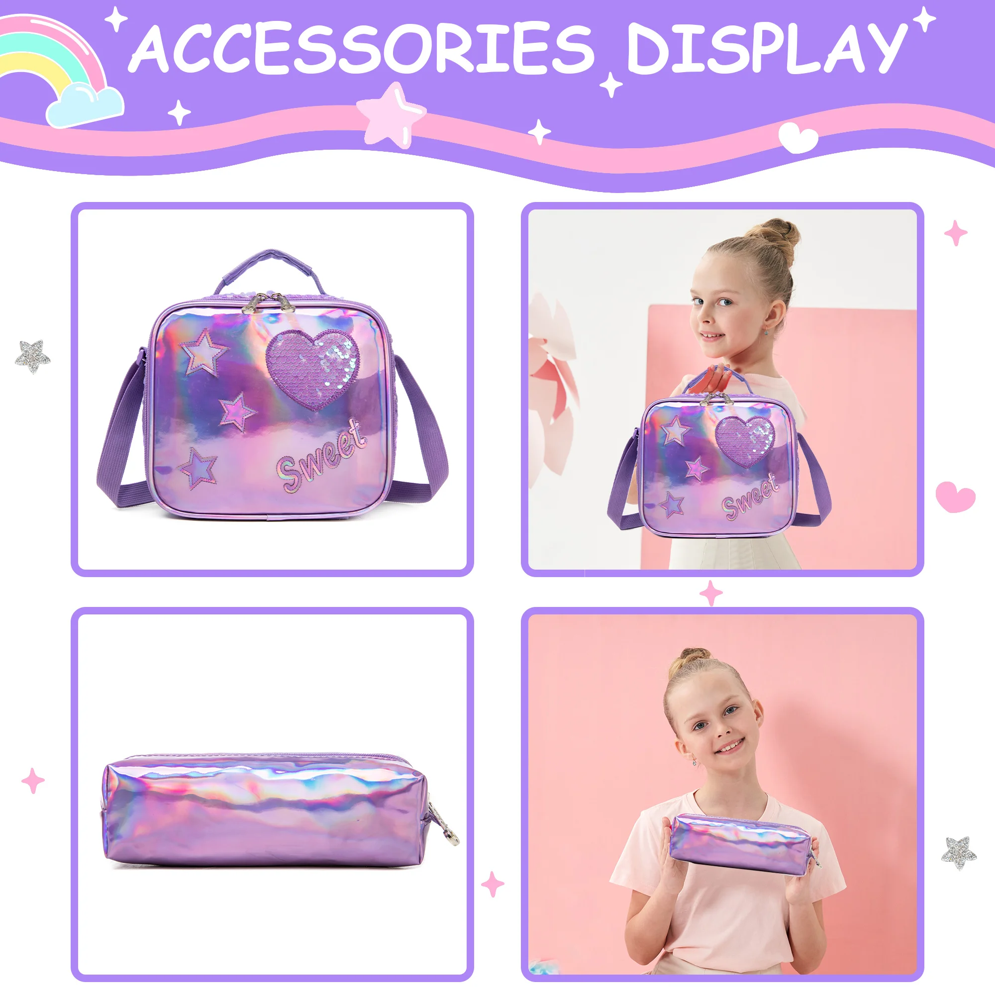 Backpack for Girls 16" Backpacks for Girls for School Sequin Backpack with Lunch Box for Elementary Students - 6