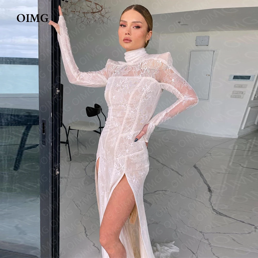 

OIMG Sexy 2023 Meramid Lace Full Sleeves Wedding Dresses High Neck Slits Sexy Princess Bride Bridal Gowns Vestido de noiva