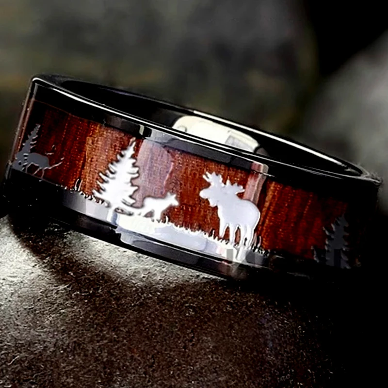 NUOBING Black Stainless Steel Hunting Ring Wedding Band Wood Inlay Deer Stag Silhouette Ring For Men Women Charm Jewelry Gift