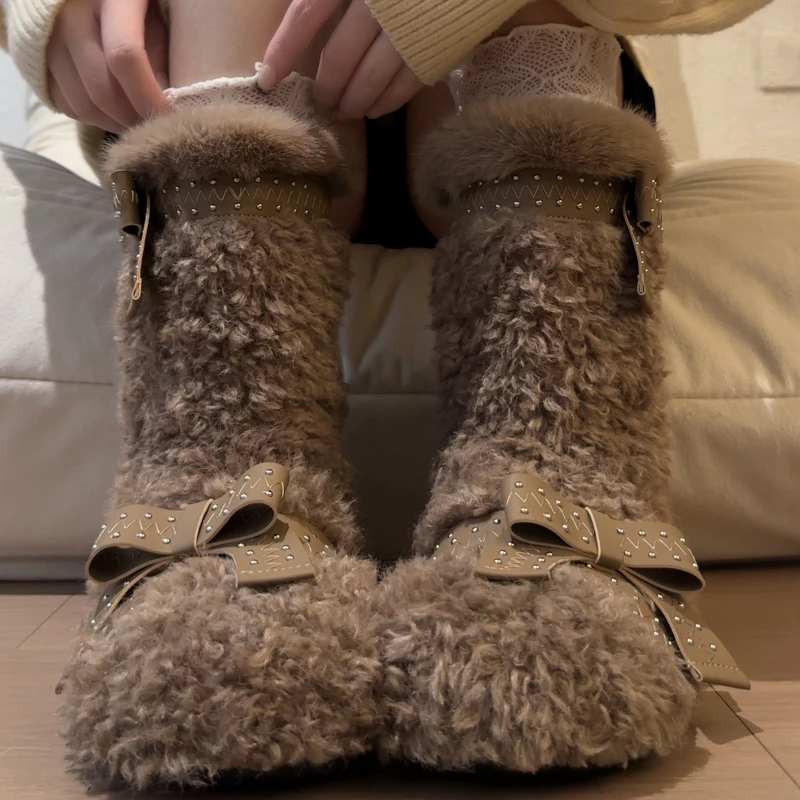 New  Snow Women Boots with Fur Platfrom  Belt Buckle Design Round Toe Mid Calf Shoes Luxury  Winter Warm Causal Boots