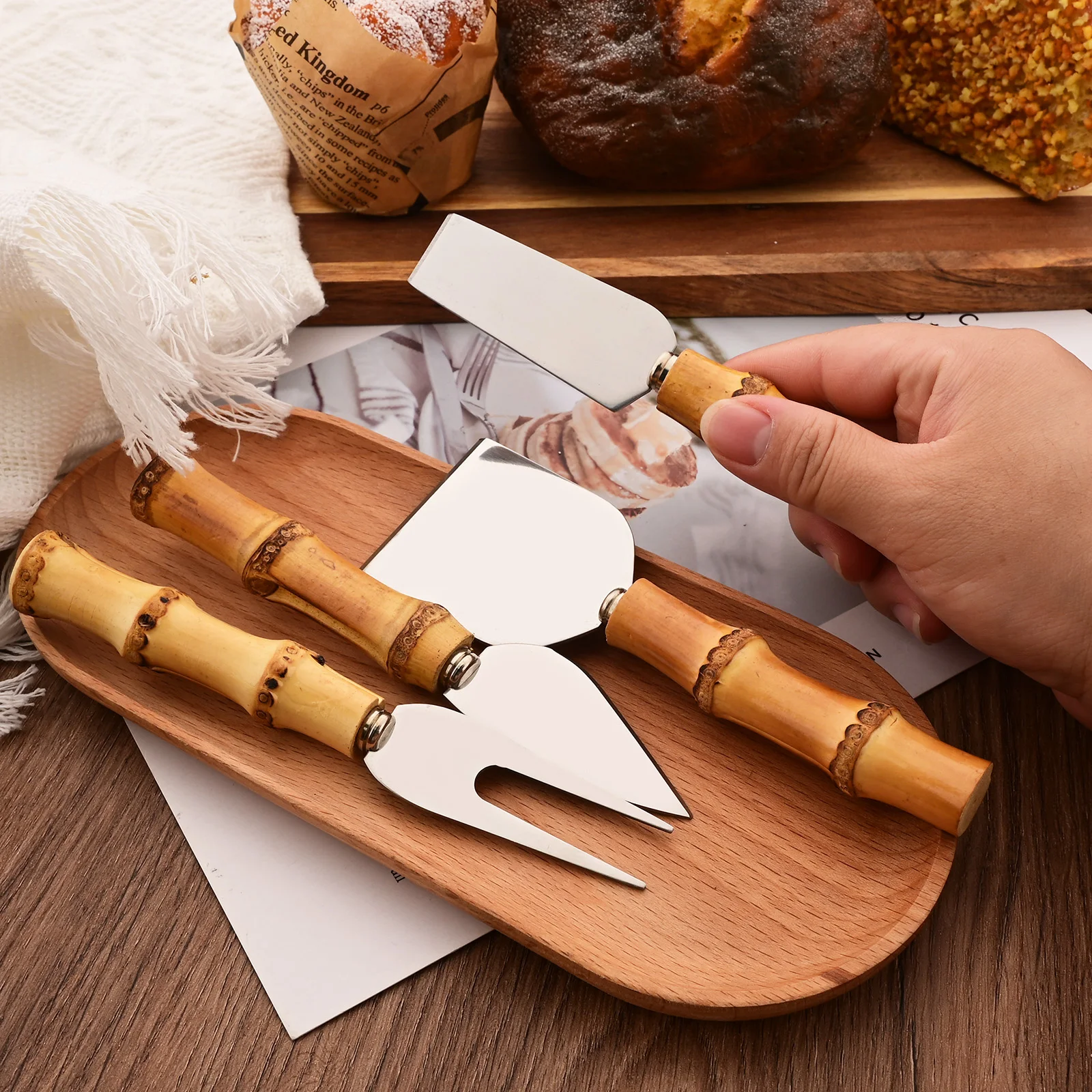 6Pcs Dinnerware Set Silver Natural Bamboo Handle Cheese Knife Stainless Steel Cutter Set Kitchen Accessories cheese knife