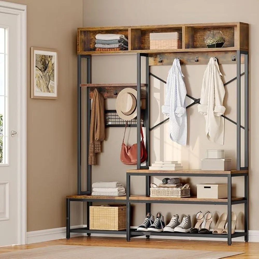 Entryway Hall Tree with Bench and Shoe Storage 55, 5-in-1 Farmhouse Freestanding Coat Rack Shoe Bench for Entrance, Living Room 2
