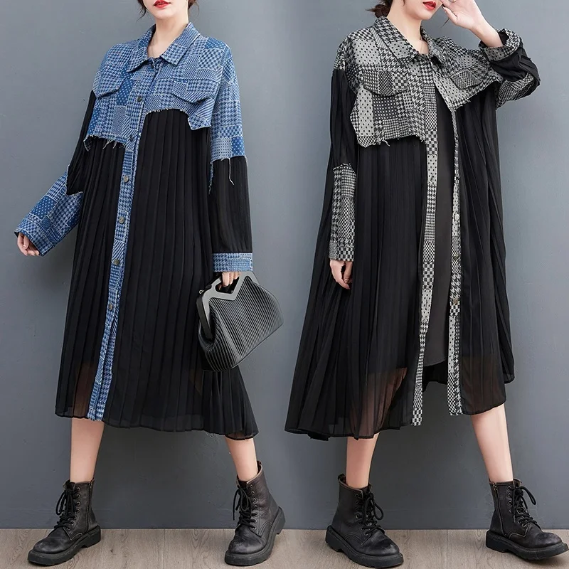 

#2178 Spring Pleated Long Shirt Dress Women Denim Spliced Chiffon Shirt Dress Long Sleeve Loose Vintage Midi Dress Female Button