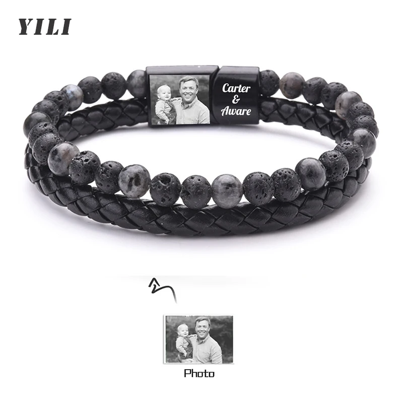 Pulsera Personalizada Para Hombre, Acero Inoxidable, Grabada, Foto Y Mensaje, Nombre, Elegante, Malla De Malla, Ajustable, Regalo Personalizado Para Marido, Papá, Hijo O Abuelo, Metal