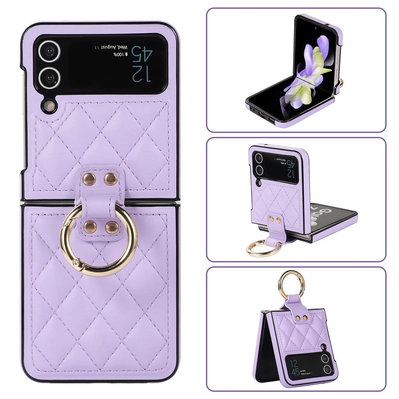 For Samsung Galaxy Z Flip 6 5 4 3 5G Case Luxury Matte Multi-color Ring Bracket Plain Leather Fliping Shockproof Soft Back Cover