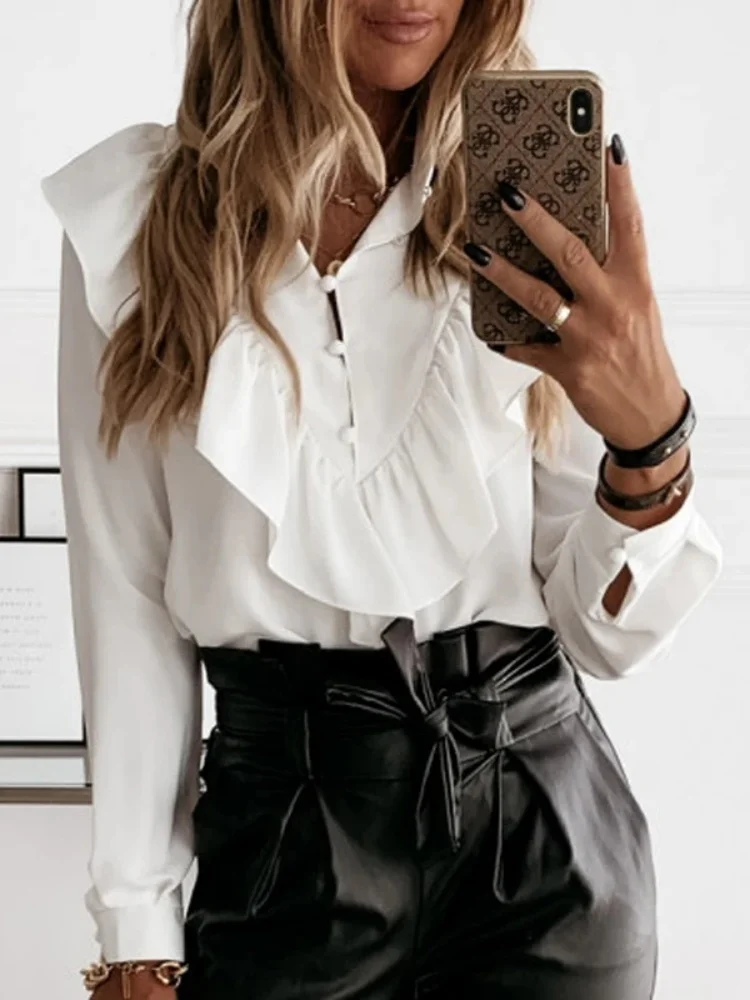 Women Elegant Ruffles Polka Dot Chiffon Blouse