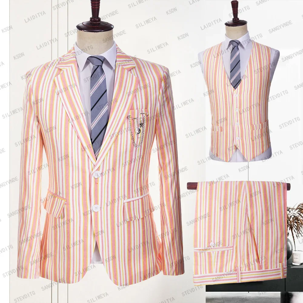 

Fashion Notch Lapel Single Breasted Stripes Men Suits 3 Piece Thin Cool Male Suit Slim Fit Beach Casual Wedding Full Men's Suit