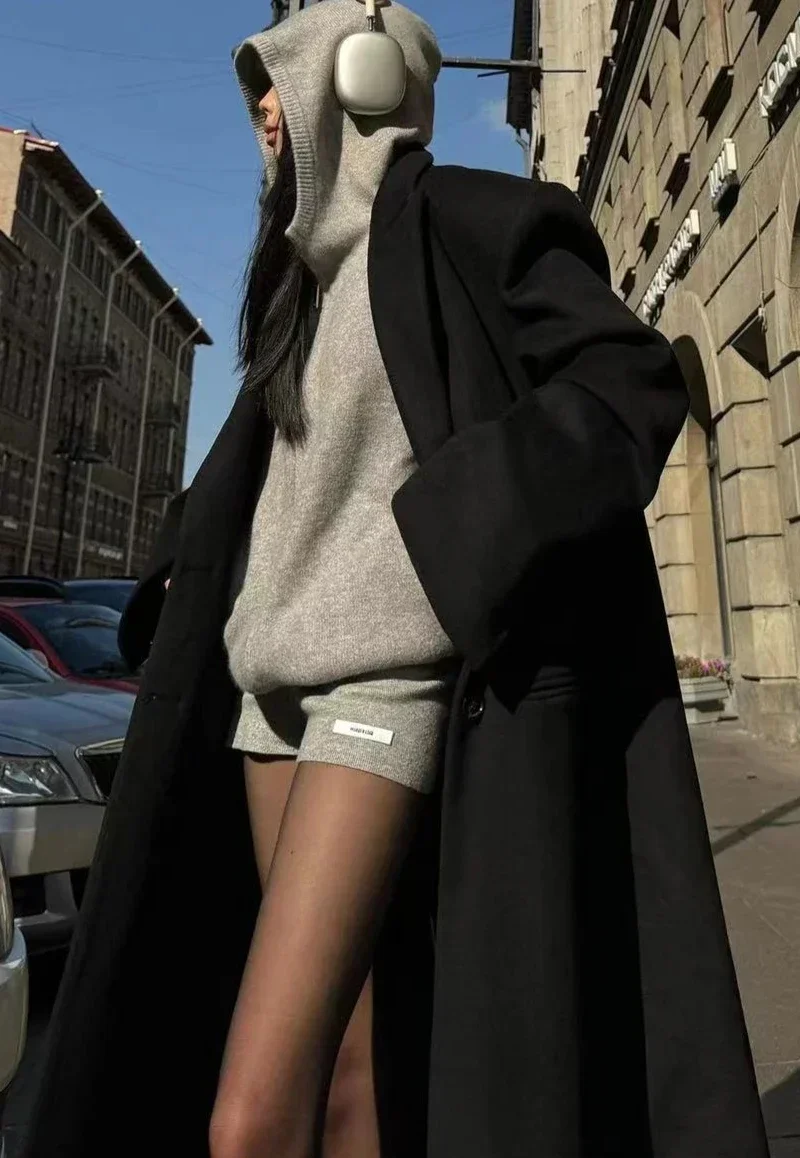 Y2k American Casual Sports Suit Lazy Hooded Cardigan Solid Color Loose Sweater Jacket Tight Shorts Gray Two Piece Set for Women 5