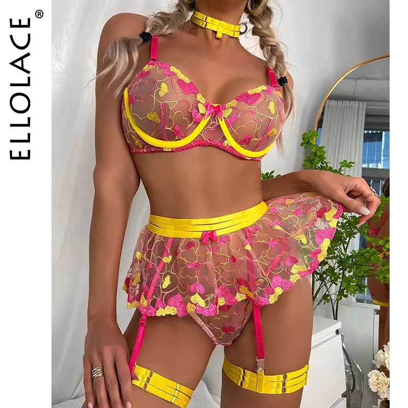 

Женское белье Ellolace Valentine, красивое нижнее белье с рюшами и вышивкой в форме сердца, прозрачный бюстгальтер, чувственный экзотический комплект