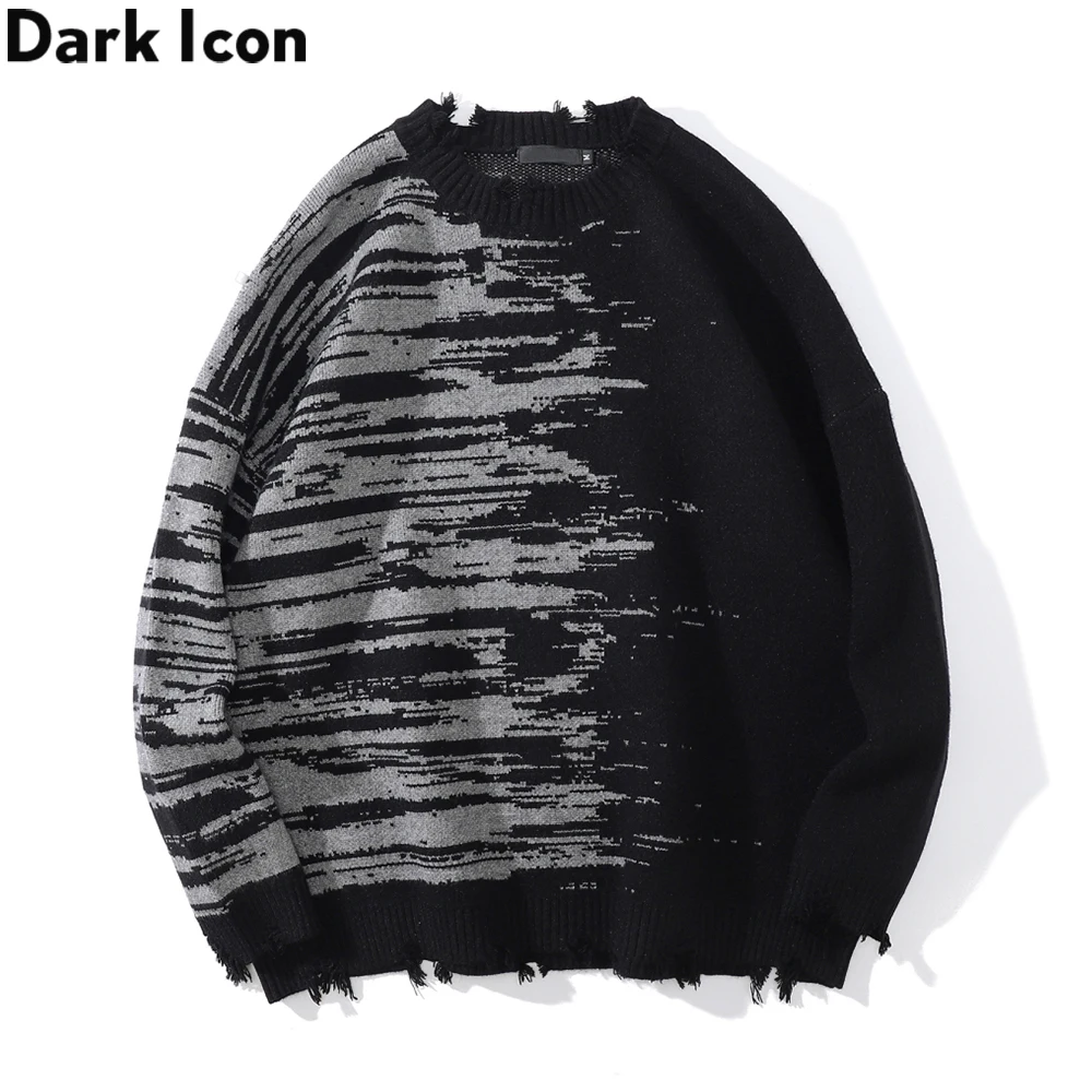 

Dark Icon Ripped Hemline Patchwork Plain Sweater Round Neck Street Fashion Men's Sweaters