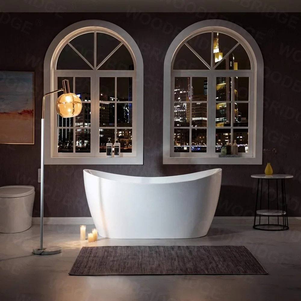 59" Freestanding Bathtub with Bathtub Spa Pillow，Contemporary Soaking Tub with Matte Black Overflow and Drain，luxury Bathtub 3