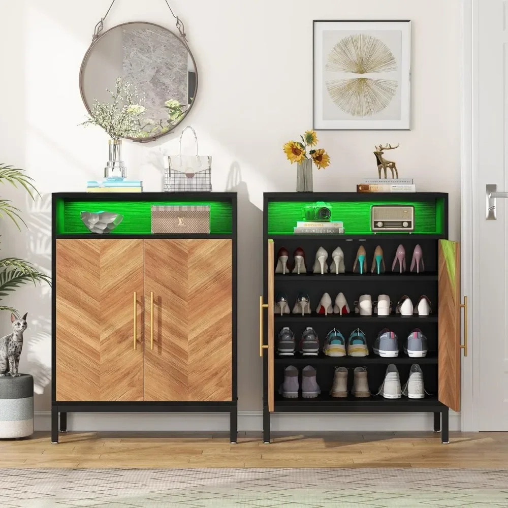 

16 Pairs Entryway Shoe Storage Cabinet Shoe Racks Storage Organizer for Closet Living Room Bedroom (Brown/Black) Home Furniture