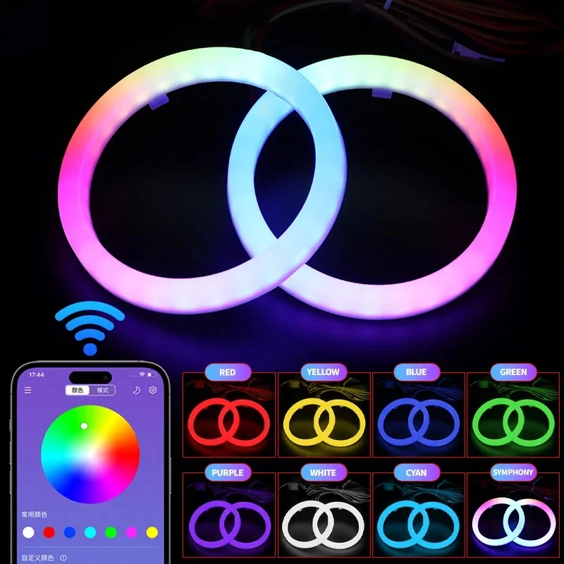 2PCS RGB Хлопковый светодиод Angel Eye Halo 60mm 70mm 80mm Светодиодные фары Автомобиль UTV Мотоцикл DRL Eye APP Управление