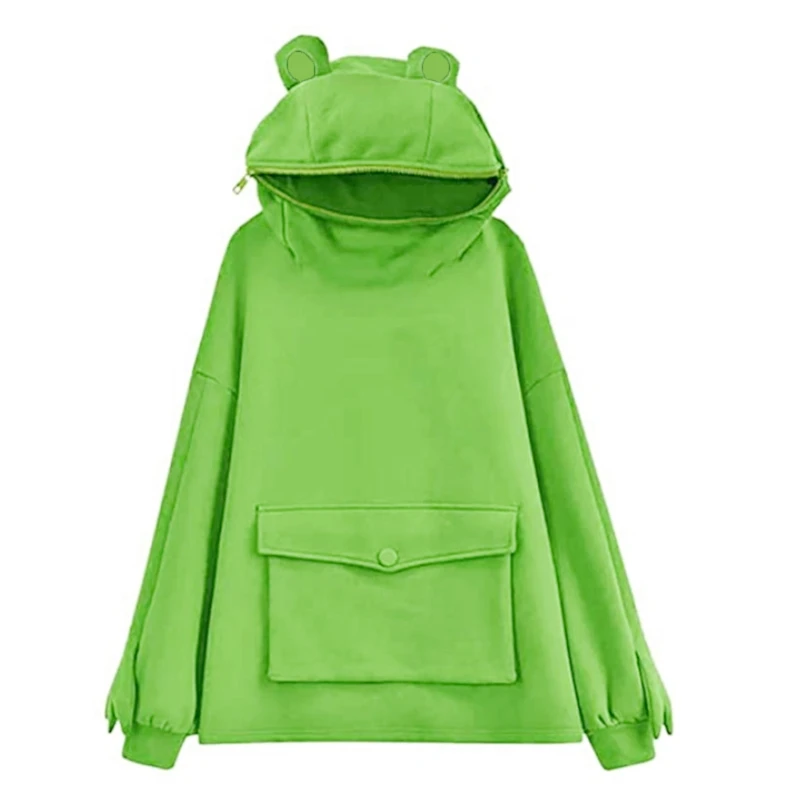 Women Oversized Loose Sweatshirt Cute Frog Zipper Mouth Hoodies Long