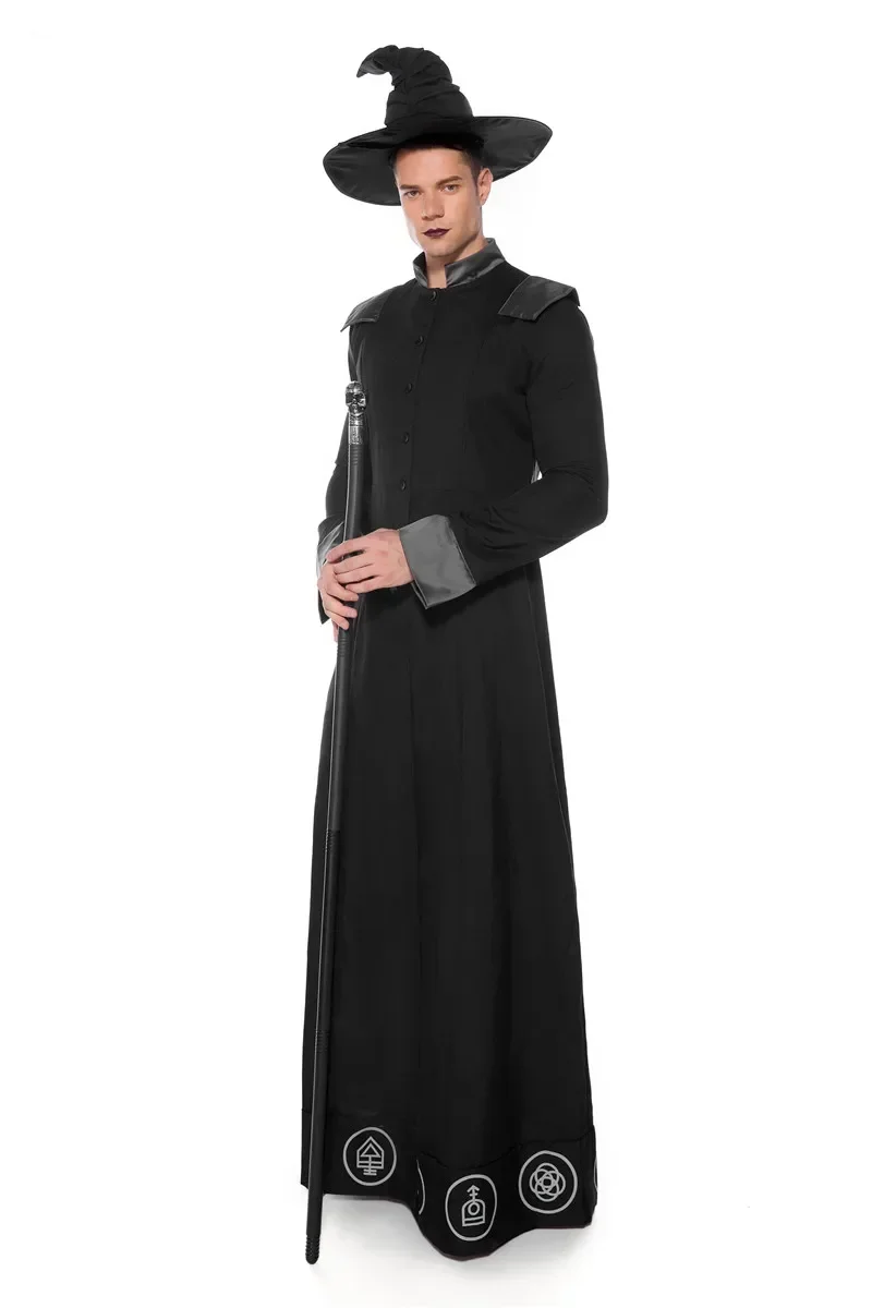 Adult Magic Wizard Sorcerer Warlock Costume Magician Cosplay for Men Halloween Purim Party Costumes Fancy Dress Black