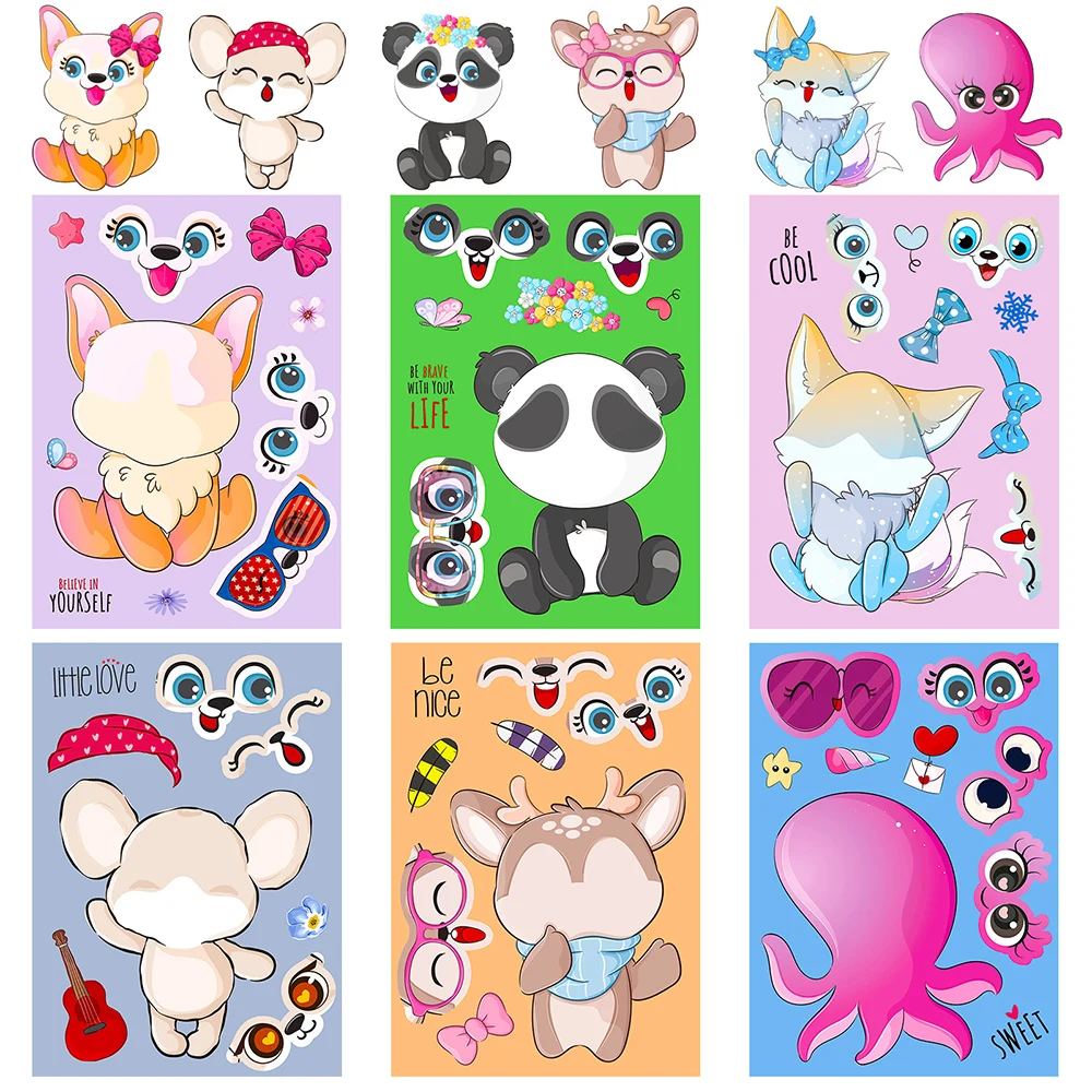 6/12Sheets Cute Animal Children Puzzle Stickers Games Make a Face DIY Funny Assemble Jigsaw Craft Sticker Kids Education Toy make a face diy animal princess dinosaur jigsaw stickers kids puzzle games funny cartoon educational craft stickers toy for baby