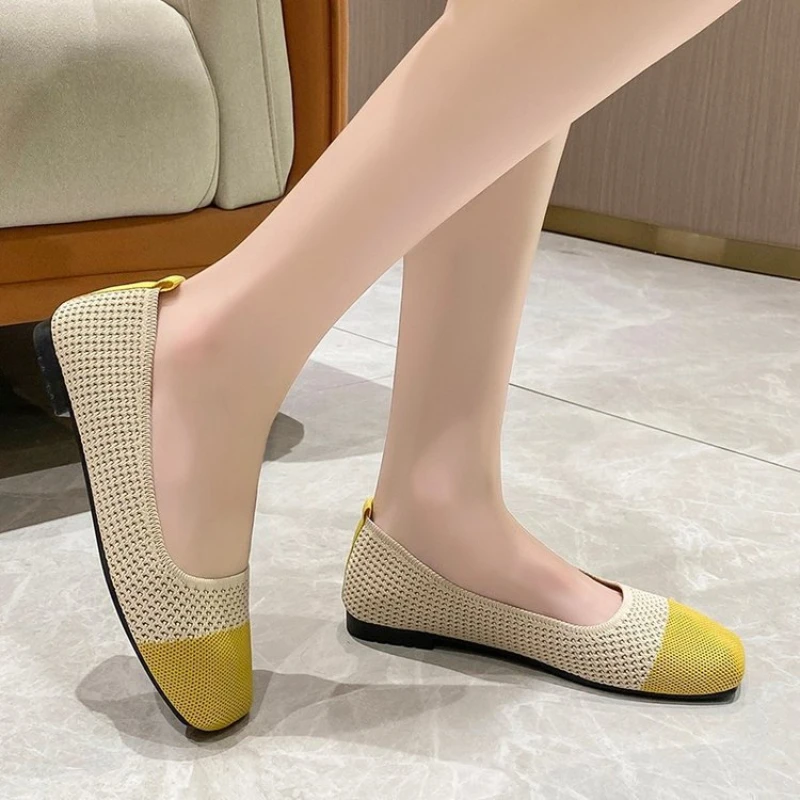 여성용 플랫 스퀘어 토 슈즈, 편안한 통기성 네트 캐주얼 맨발 신발, 용수철 및 가을, 새로운 패션, 2024