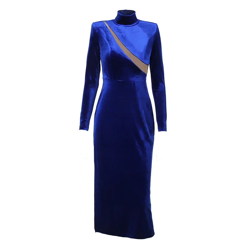 Mesh Patchwork Bodycon Maxi Dress For Women Blue Autumn Winter New Turtleneck Long Sleeve Split Dress Elegant Clothes