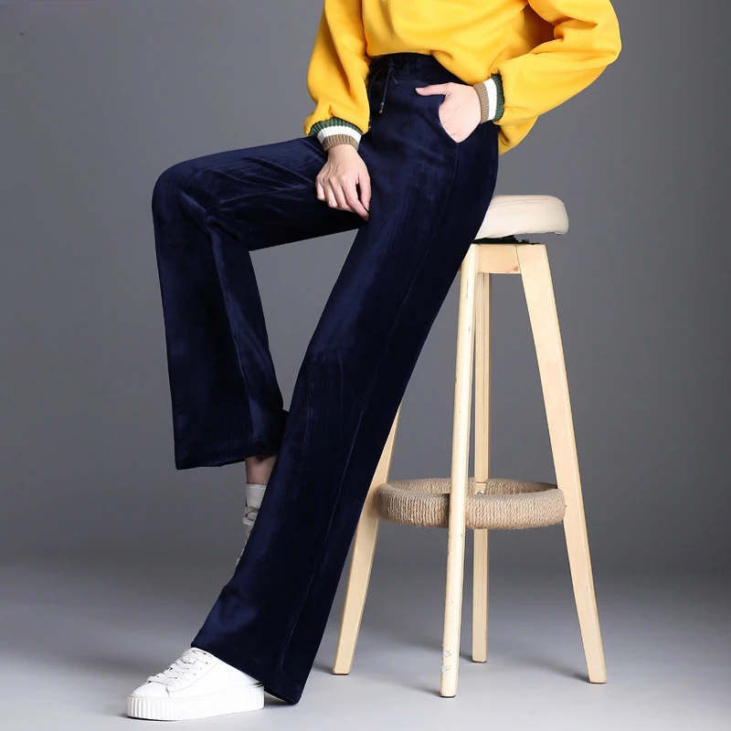 

2023 Winter Warm Thick Women Long Velvet Pants England Loose Casual Staight Wide Leg Velour Pants,Clothes Velvet Trousers Z273