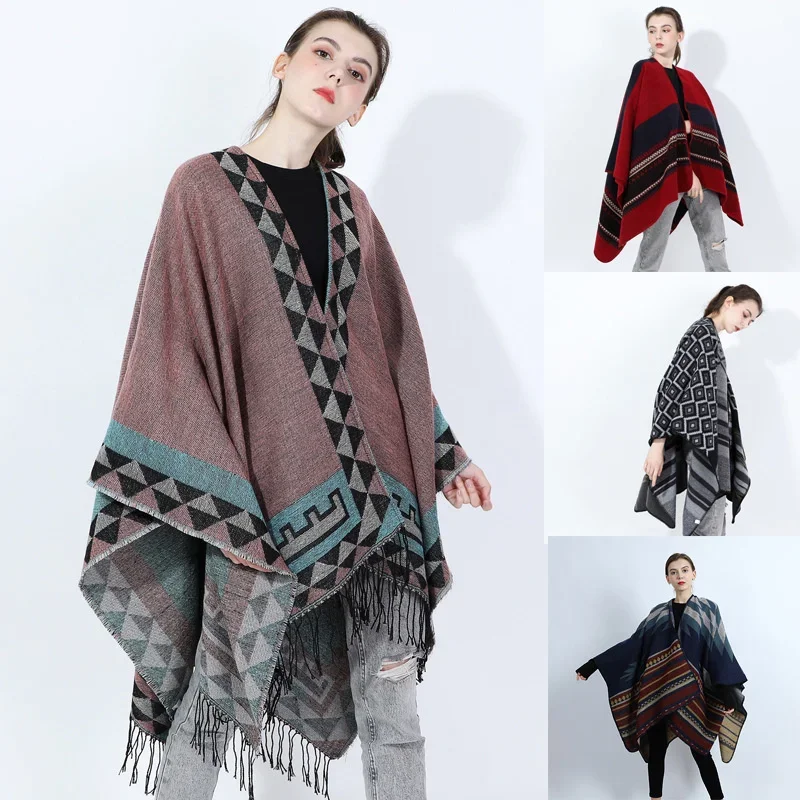 

New Poncho Capes Women Winter Scarf Shawl Ladies Vintage Plaid Blanket Knit Wrap Cashmere Female Stripe Poncho