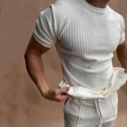 2024 Spring Summer New Men's Solid Color Slim Fit round Neck Pullover Short Sleeve Ankle-Tied Trousers Two-Piece Suit