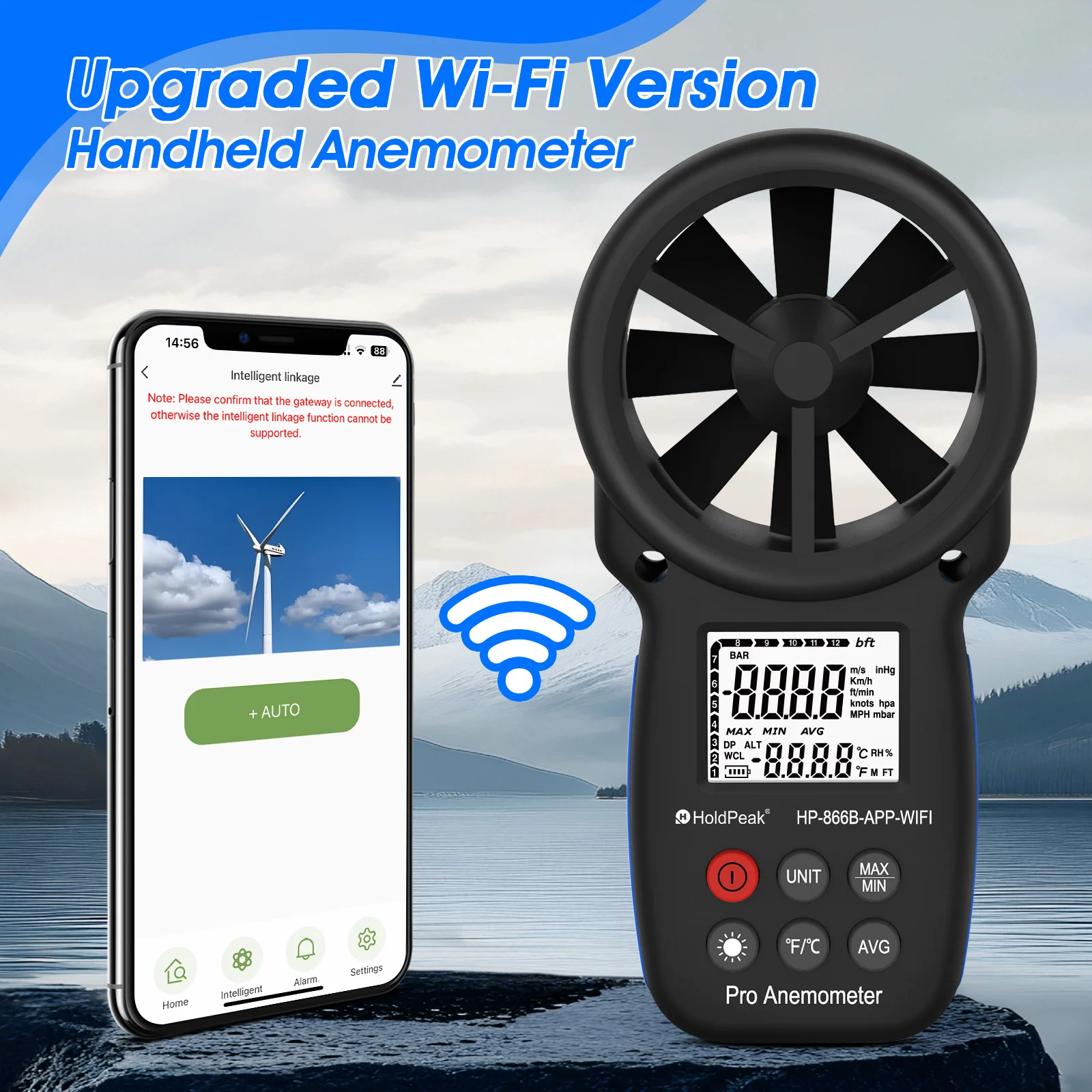HP-866B-WiFi 스마트 풍속계 휴대용 0.340m/s 베인 풍속 측정기, 백라이트 포함 HVAC 환기용 최대/최소/평균 값 측정