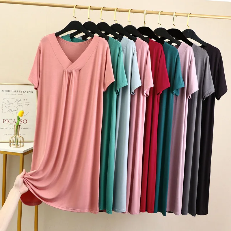 

Fdfklak Korean Elegant Ladie's Nightgown V Neck Short Sleeve Night Dress Modal Multi Color Sleepwear Women Home Wear Nighty