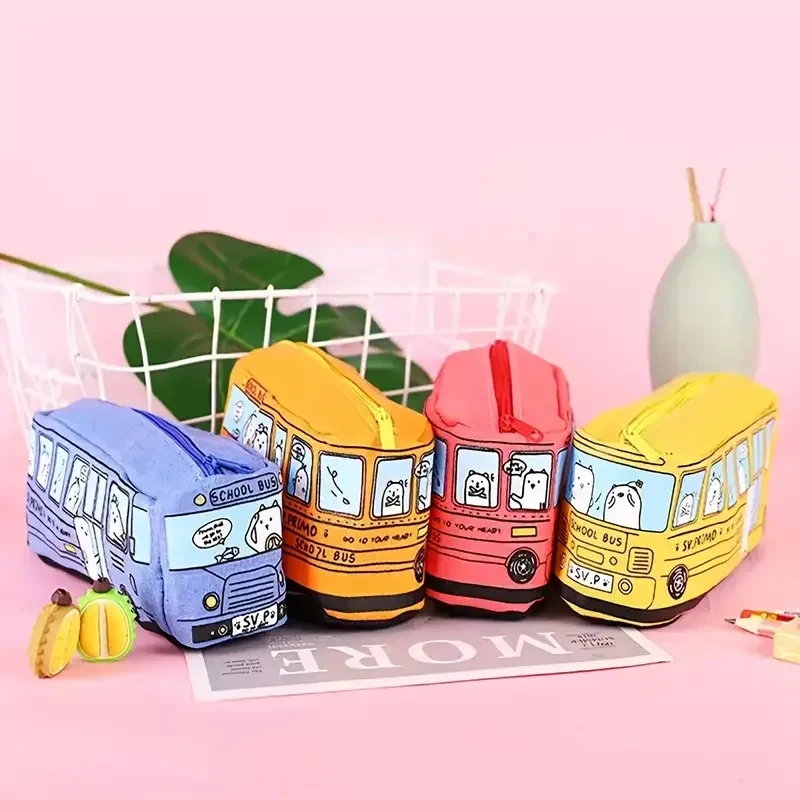 1pc 크리 에이 티브 대용량 캔버스 스쿨 버스 연필 케이스 연필 가방 학교 용품을 저장하는 문구 펜 가방