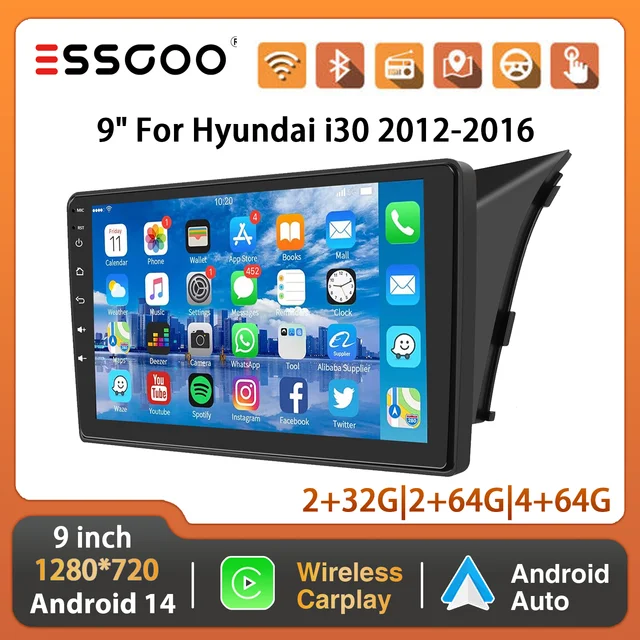 ESSGOO 9 "autoradio stéréo pour Hyundai i30 2012-2016 Android 14 Apple Carplay Android Auto GPS NAVI RDS WiFi BT SWC lien miroir 1