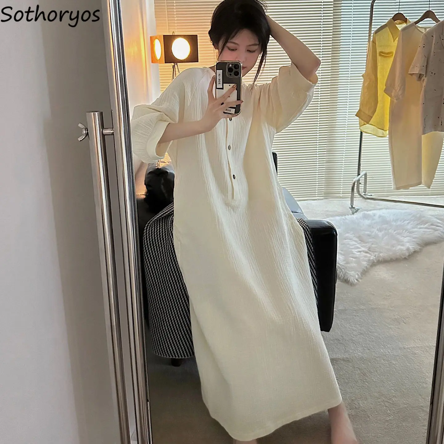 

Французские ночные рубашки, Женская однотонная пижама с длинным рукавом для колледжа, мешковатая Минималистичная модная Милая Ночная рубашка средней длины, весенняя, шикарная